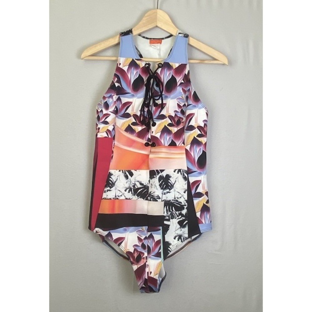 Clover Canyon Multicolor Floral Lace Up One Piece Swimsuit Women Size L  NWT